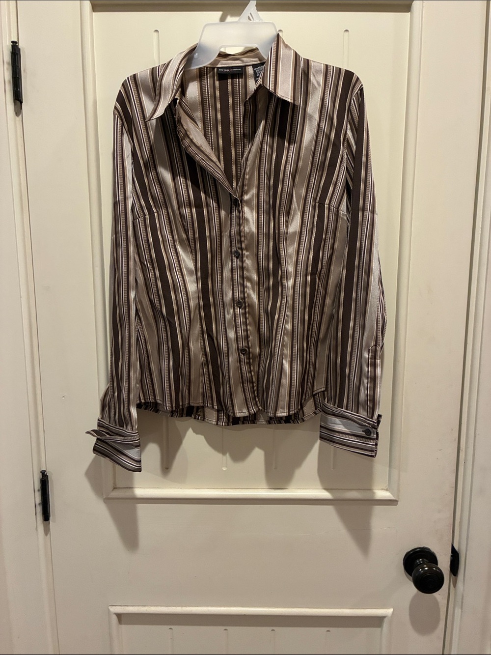 New York & Company Brown and White Striped Button-Down Shirt